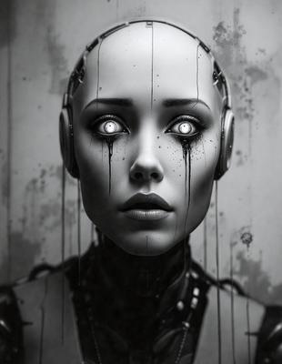 The primary subject of the image is a woman with a robotic or cyborg appearance. She has a mechanical head and is wearing a black outfit. The setting is a dark room, and the visual style is a digital art or illustration. The dominant colors in the image are black and red, creating a dramatic and intense atmosphere.